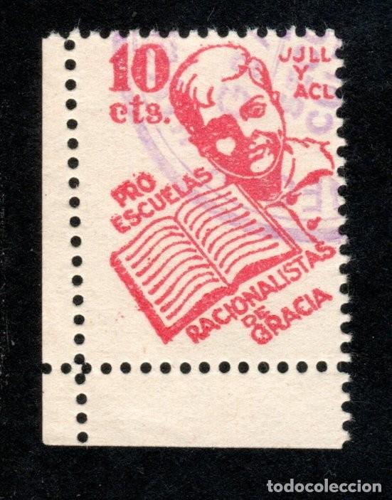 Sellos: BARCELONA. PRO ESCUELAS RACIONALISTAS DE GRACIA. JJLL Y ACL. 10 CTS. EXTREMADAMENTE RARO.