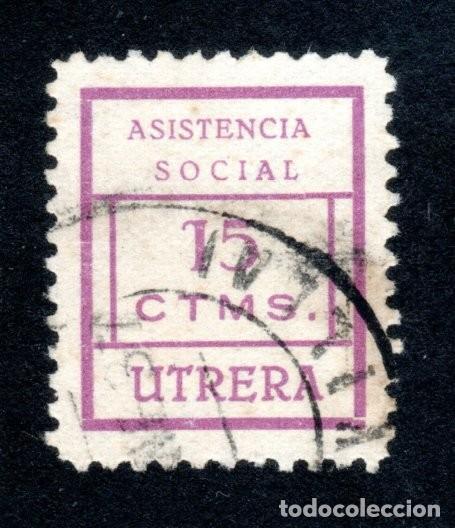 Sellos: UTRERA (SEVILLA). ASISTENCIA SOCIAL. 15 CTMS. LILA. EXTREMADAMENTE RARO.