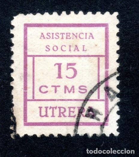 Sellos: UTRERA (SEVILLA). ASISTENCIA SOCIAL. 15 CTMS. LILA. EXTREMADAMENTE RARO.