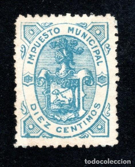 Sellos: SUECA (VALENCIA). IMPUESTO MUNICIPAL. 10 C&Eacute;NTIMOS. AZUL. MUY RARO.