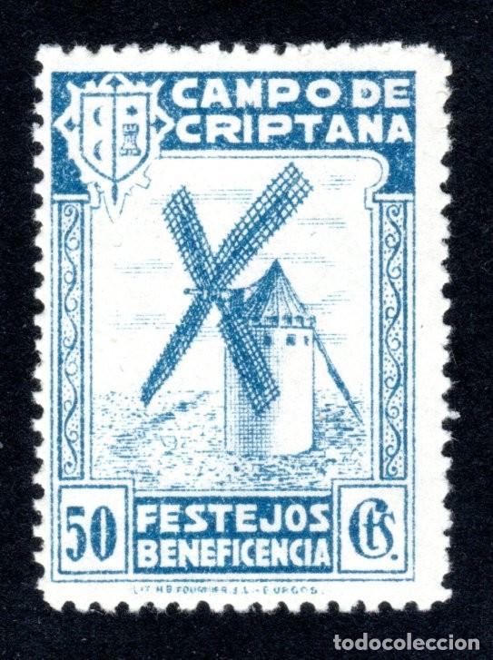 Sellos: CAMPO DE CRIPTANA (CIUDAD REAL). FESTEJOS BENEFICENCIA. 50 CTS. AZUL. MUY RARO.