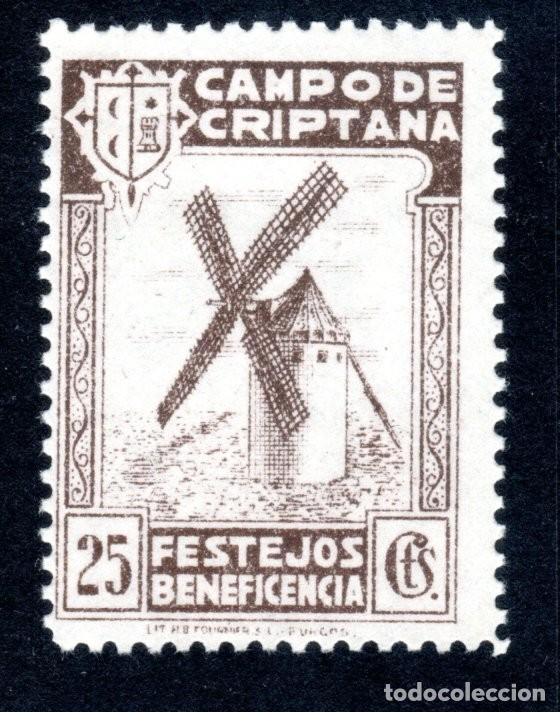 Sellos: CAMPO DE CRIPTANA (CIUDAD REAL). FESTEJOS BENEFICENCIA. 25 CTS. CASTA&Ntilde;O. MUY RARO.