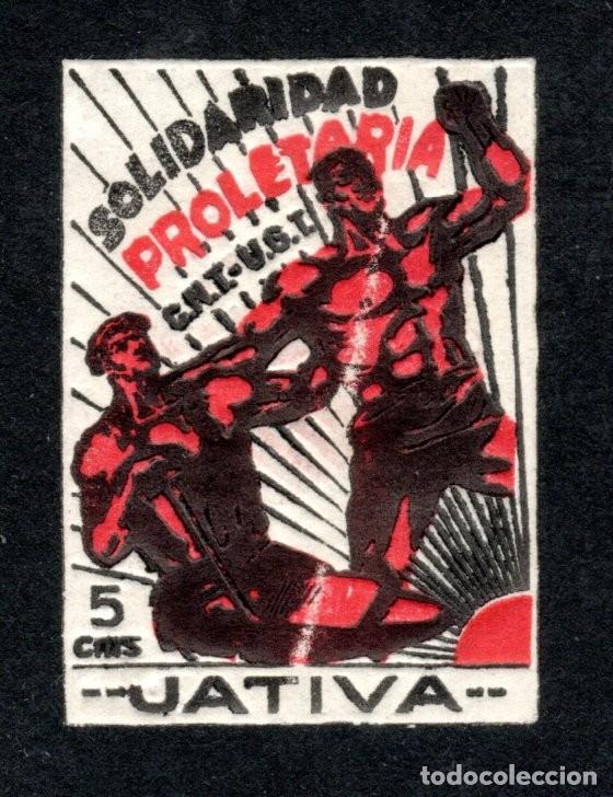 Sellos: J&Aacute;TIVA (VALENCIA). SOLIDARIDAD PROLETARIA. C.N.T. - U.G.T. 5 cms.