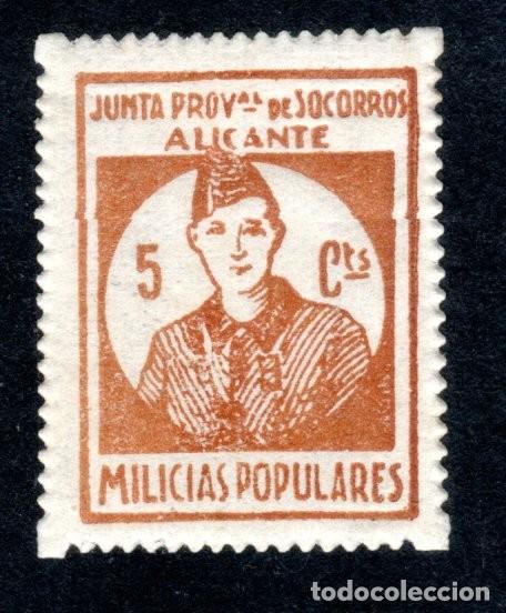 Sellos: ALICANTE. JUNTA PROVINCIAL DE SOCORROS. MILICIAS POPULARES. 5 CTS.