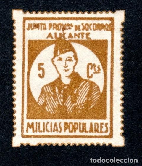 Sellos: ALICANTE. JUNTA PROVINCIAL DE SOCORROS. MILICIAS POPULARES. 5 CTS.