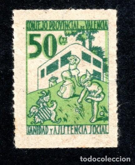 Sellos: CONSEJO PROVINCIAL DE VALENCIA. SANIDAD Y ASISTENCIA SOCIAL. 50 CTS.