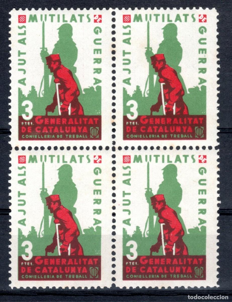 Sellos: AJUT ALS MUTILATS DE GUERRA. GENERALITAT DE CATALUNYA. CONSELLERIA DE TREBALL. 3 PTES. (BLOQUE DE 4)