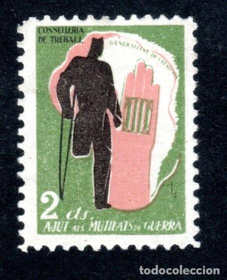 Sellos: AJUT ALS MUTILATS DE GUERRA. CONSELLERIA DE TREBALL. GENERALITAT DE CATALUNYA. 2 CTS.