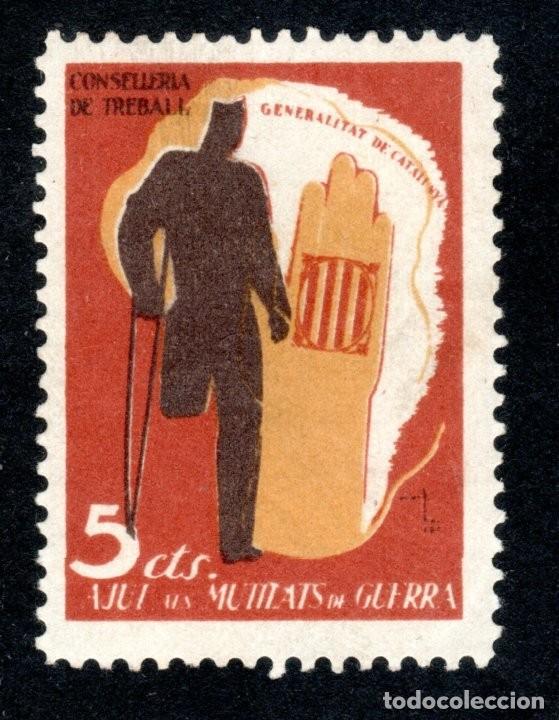 Sellos: AJUT ALS MUTILATS DE GUERRA. GENERALITAT DE CATALUNYA. CONSELLERIA DE TREBALL. 5 CTS.