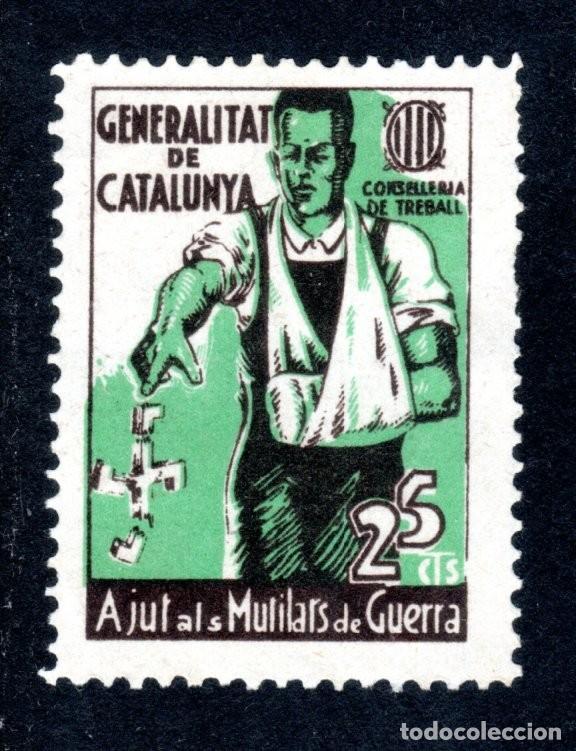 Sellos: AJUT ALS MUTILATS DE GUERRA. GENERALITAT DE CATALUNYA. CONSELLERIA DE TREBALL. 25 CTS.