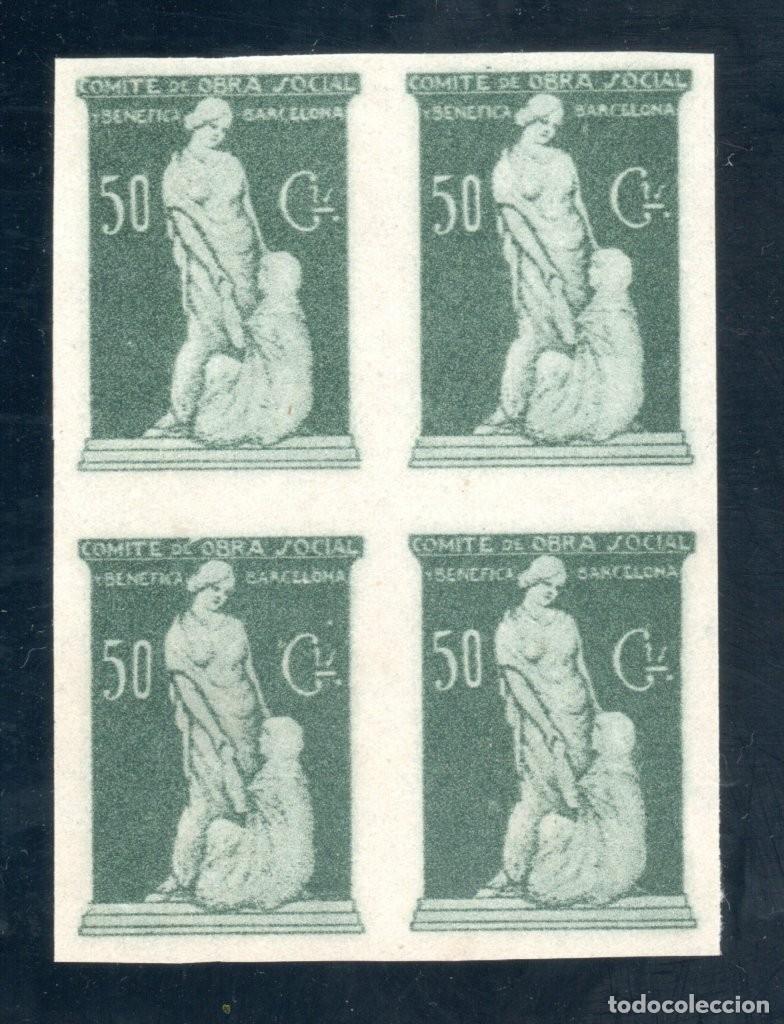 Sellos: BARCELONA. COMIT&Eacute; DE OBRA SOCIAL Y BEN&Eacute;FICA. 50 CTS. (BLOQUE DE 4 SELLOS).