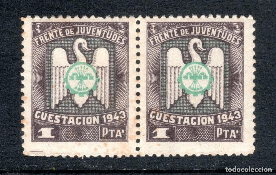 Sellos: FRENTE DE JUVENTUDES. CUESTACI&Oacute;N 1943. EMBLEMA DE FALANGE Y &Aacute;GUILA DE SAN JUAN. 1 PTA. ALLEPUZ 229.
