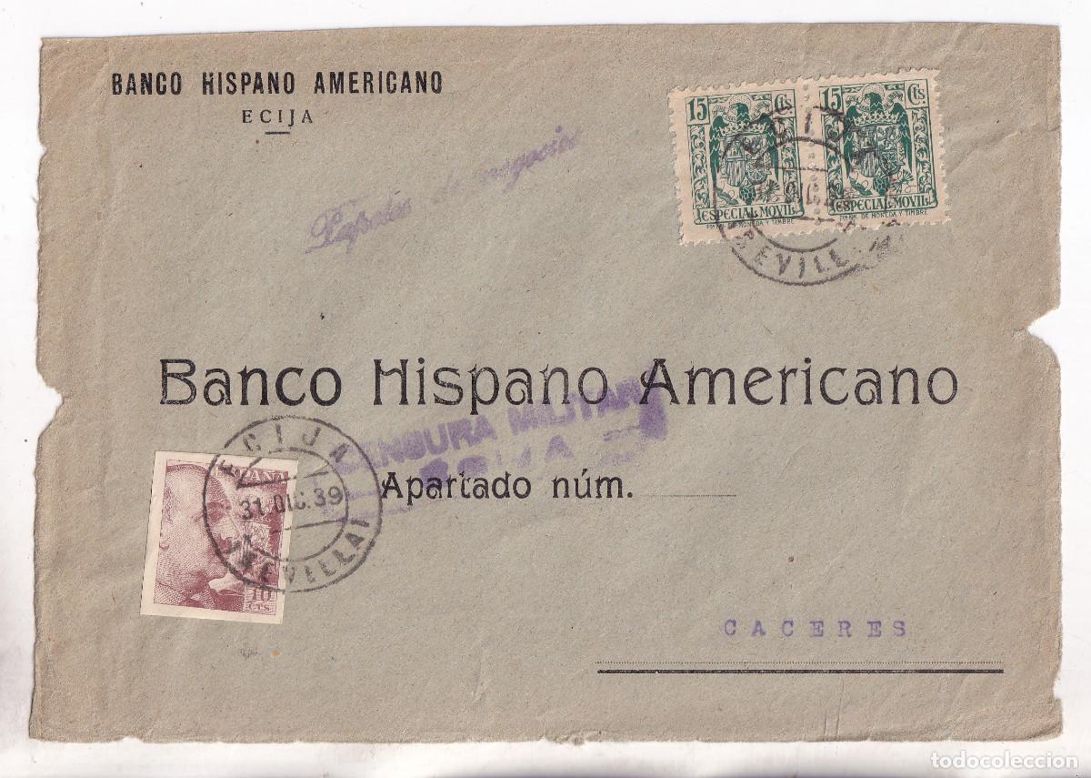 Sellos: FRONTAL. &Eacute;CIJA. SEVILLA. 1939. FISCALES. CENSURA MILITAR. A C&Aacute;CERES