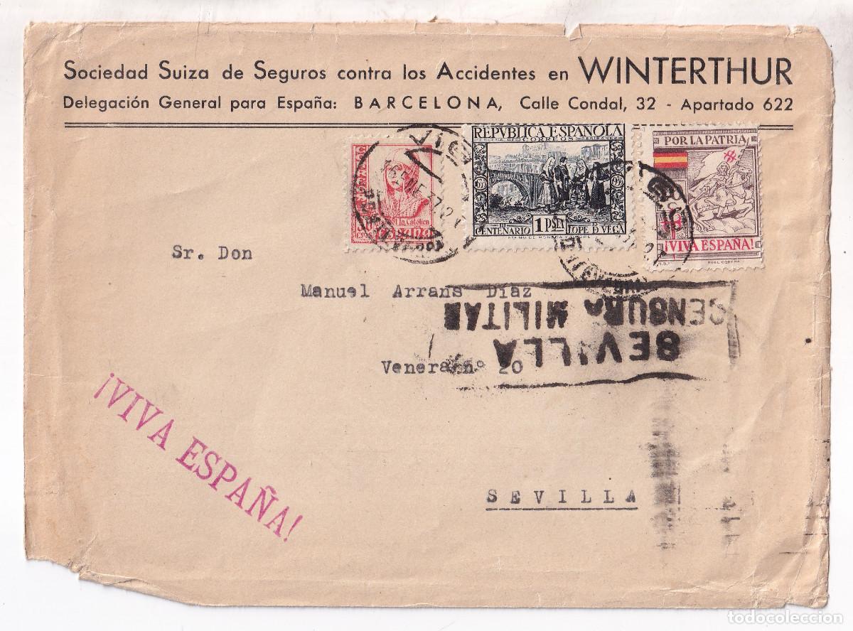 Sellos: FRONTAL. VIGO A SEVILLA. LOCAL Y 1 PTA. LOPE DE VEGA. RARO. 1937. CENSURA MILITAR. GALICIA