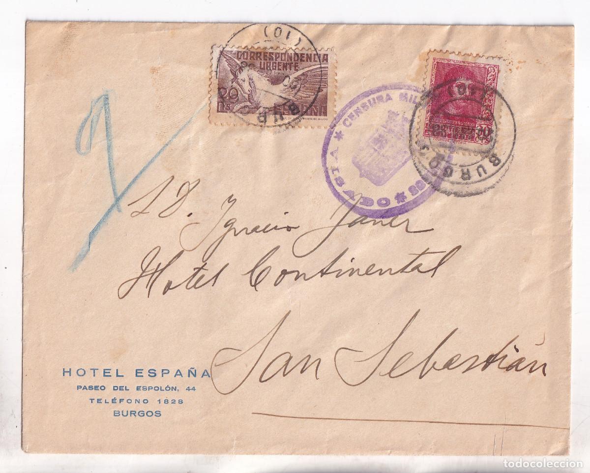 Sellos: SOBRE. HOTEL ESPA&Ntilde;A. BURGOS. 1938. URGENTE. CENSURA MILITAR