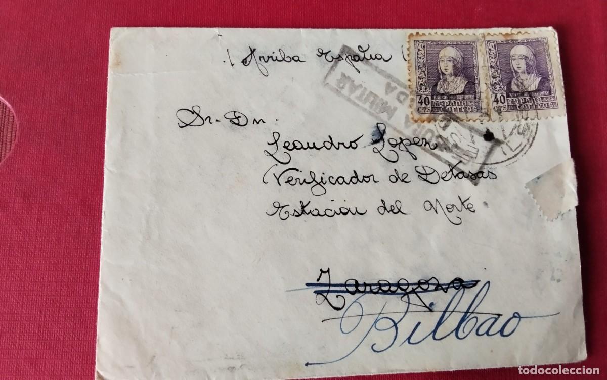 Sellos: SOBRE CIRCULADO DE SPOT SORT A BILBAO CON CENSURA MILITAR DE LERIDA , Y ALEGORIA PATRIOTICA