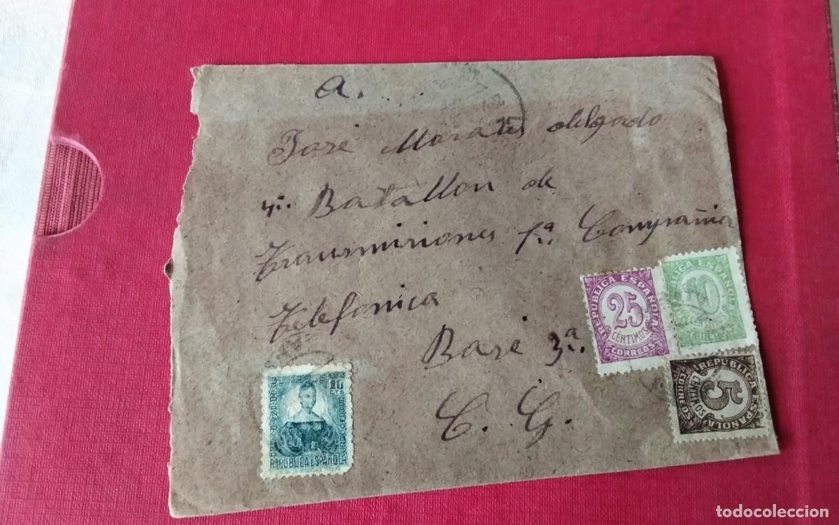 Sellos: LA CAROLINA JAEN SOBRE CIRCULADO AL 4&ordm; BATALLON DE TRANSMISIONES 1&ordf; C.I.A. , SELLOS REPUBLICANOS