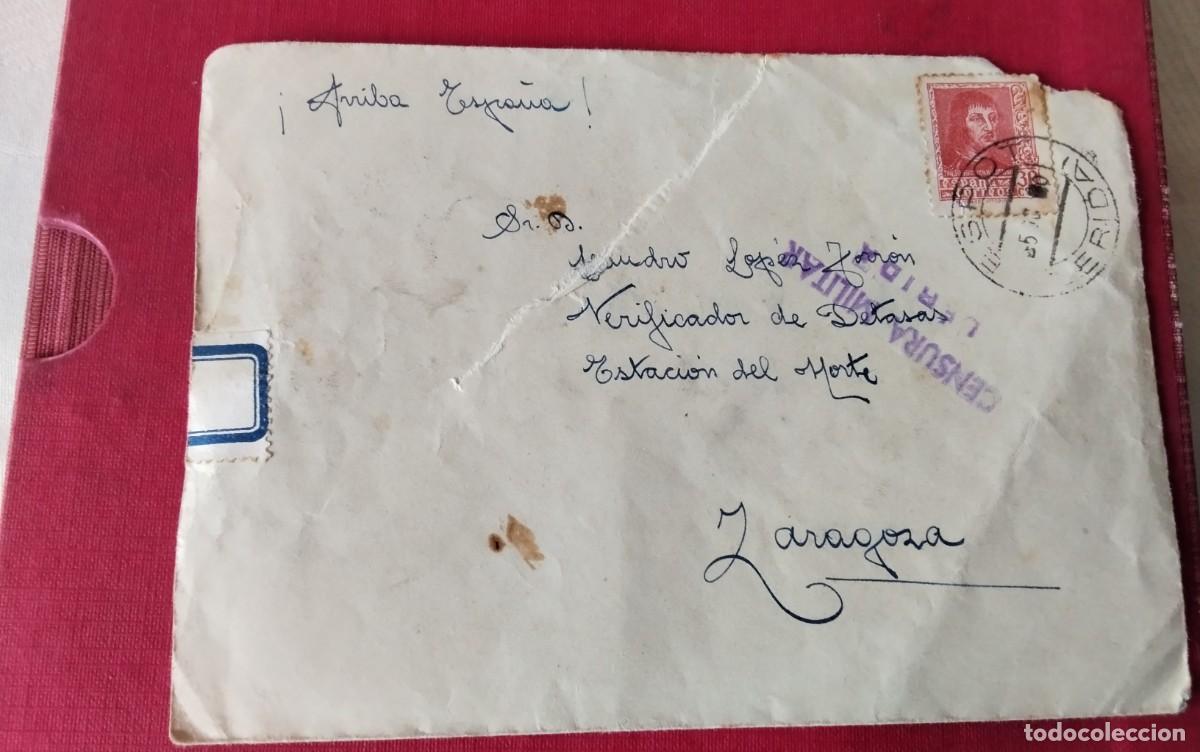 Sellos: SOBRE CON CARTA CIRCULADO DE ESPOT A ZARAGOZA , CENSURA MILITA DE LERIDA , HELLER L19.4 DIFICIL