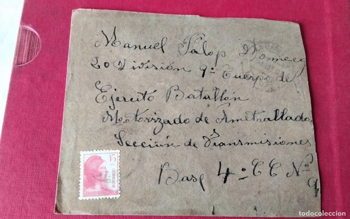 Sellos: SOBRE CIRCULADO 20 DIVISION BATALLON MOTORIZADO A METRALLADORAS A LA CAROLINA JAEN SELLO REPUBLICANO