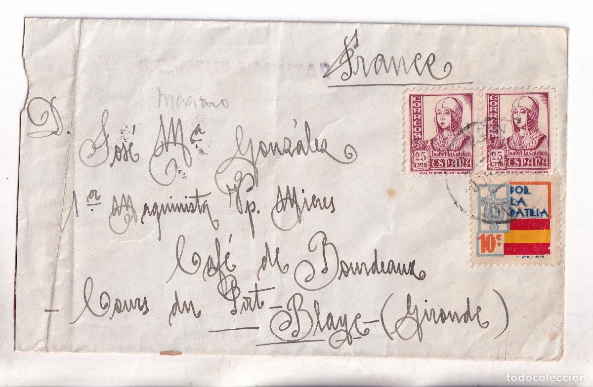 Sellos: SOBRE. GIJ&Oacute;N. ASTURIAS. 1937. AL MAQUINISTA DEL VAPOR MIERES EN EL CAF&Eacute; DE BURDEOS. CENSURA MILITAR