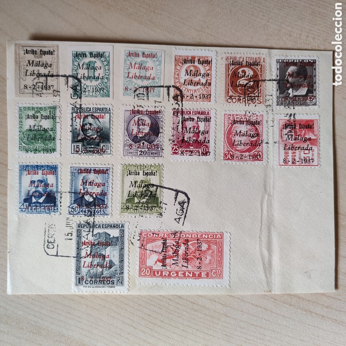 Briefmarken: M&aacute;laga liberada matasellos 15 junio 1937 compuesto 17 sellos serie completa guerra civil