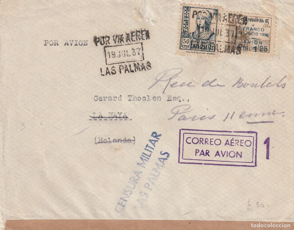 Sellos: 1937. Guerra Civil. Las Palmas. Correo a&eacute;reo -1. Reenviado.
