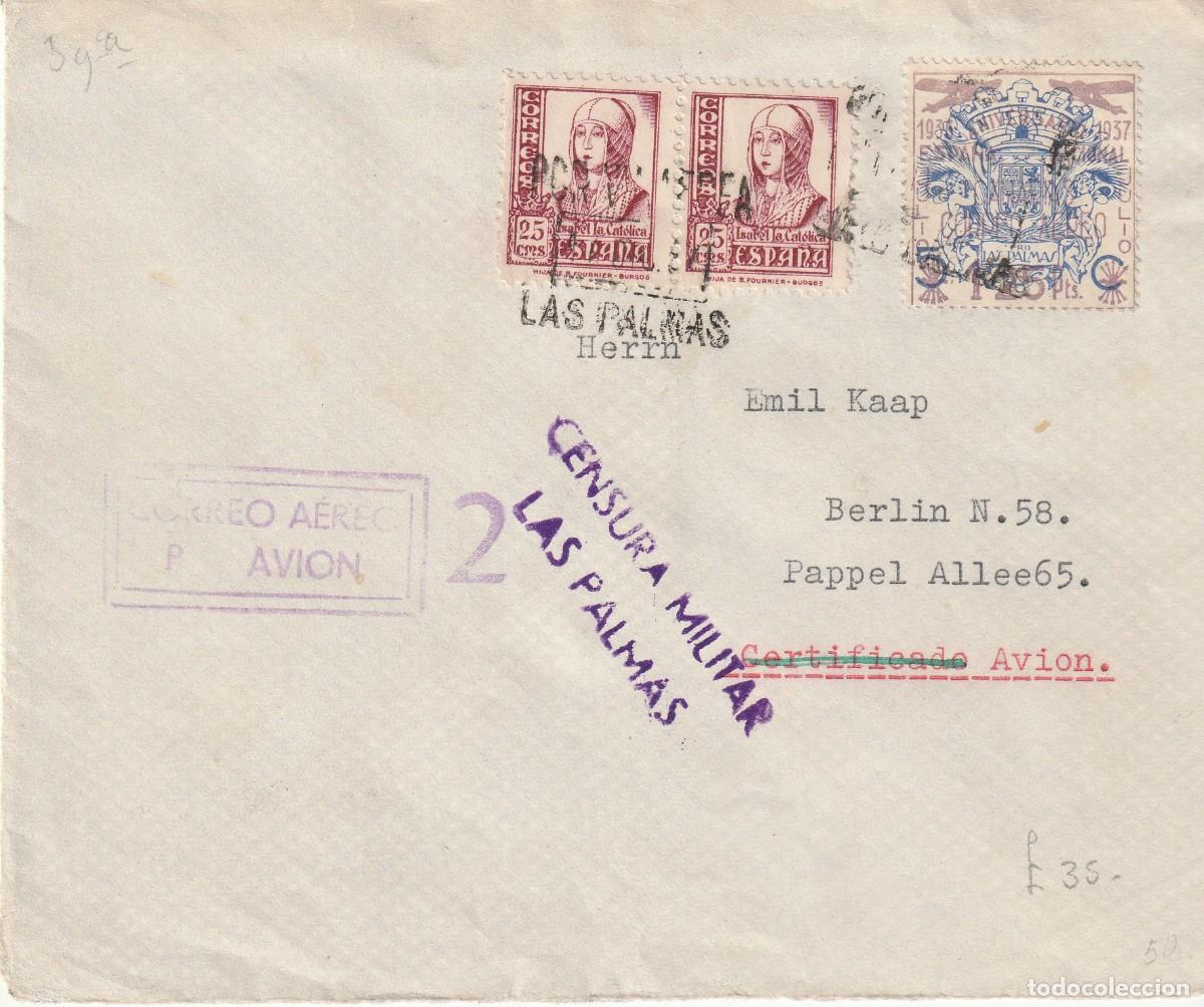 Sellos: 1937. Guerra civil. Las palmas a Berlin. sello patri&oacute;tico para correo a&eacute;reo.