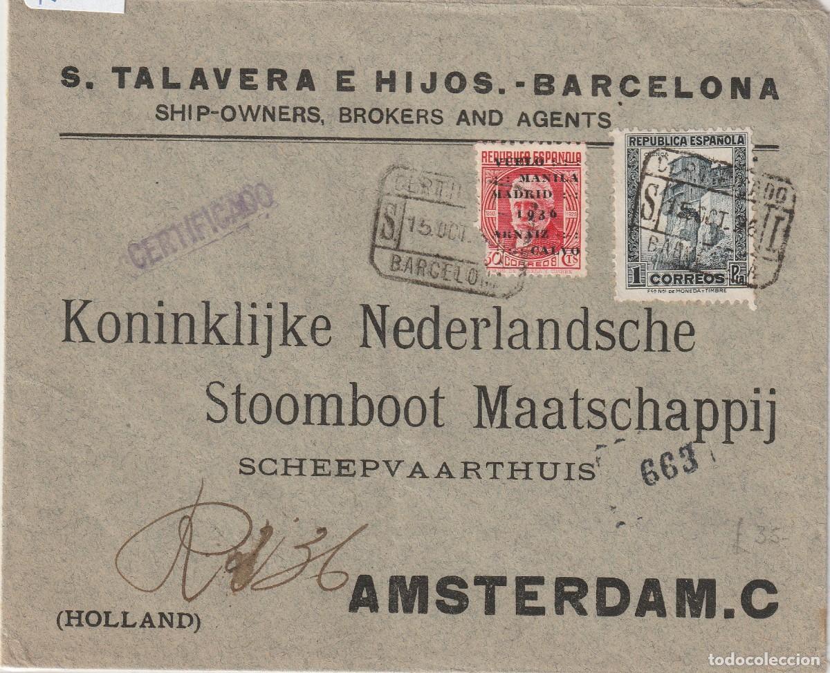 Sellos: 1936. Guerra civil. Barcelona a Holanda. Sobrecargado Madrid Manila.