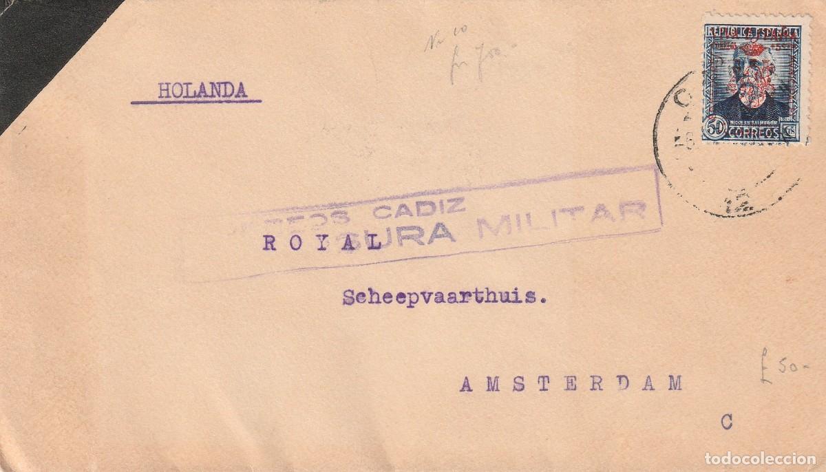 Sellos: Guerra civil. Cadiz a Amsterdam. Sello sobrecarga patri&oacute;tica.