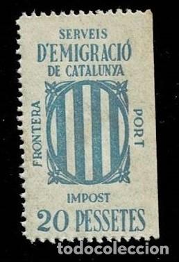 Sellos: L26-10 Serveis D'EMIGRACIO DE CATALUNYA Valor 20 pessetes Color AZUL CLARO Sin fijasellos VER