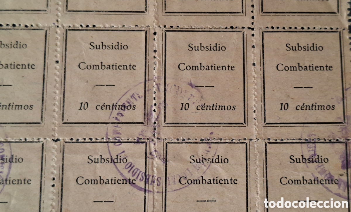 Sellos: Guerra civil Bloque de 12 vi&ntilde;etas Subsidio al Combatiente 1o ctm