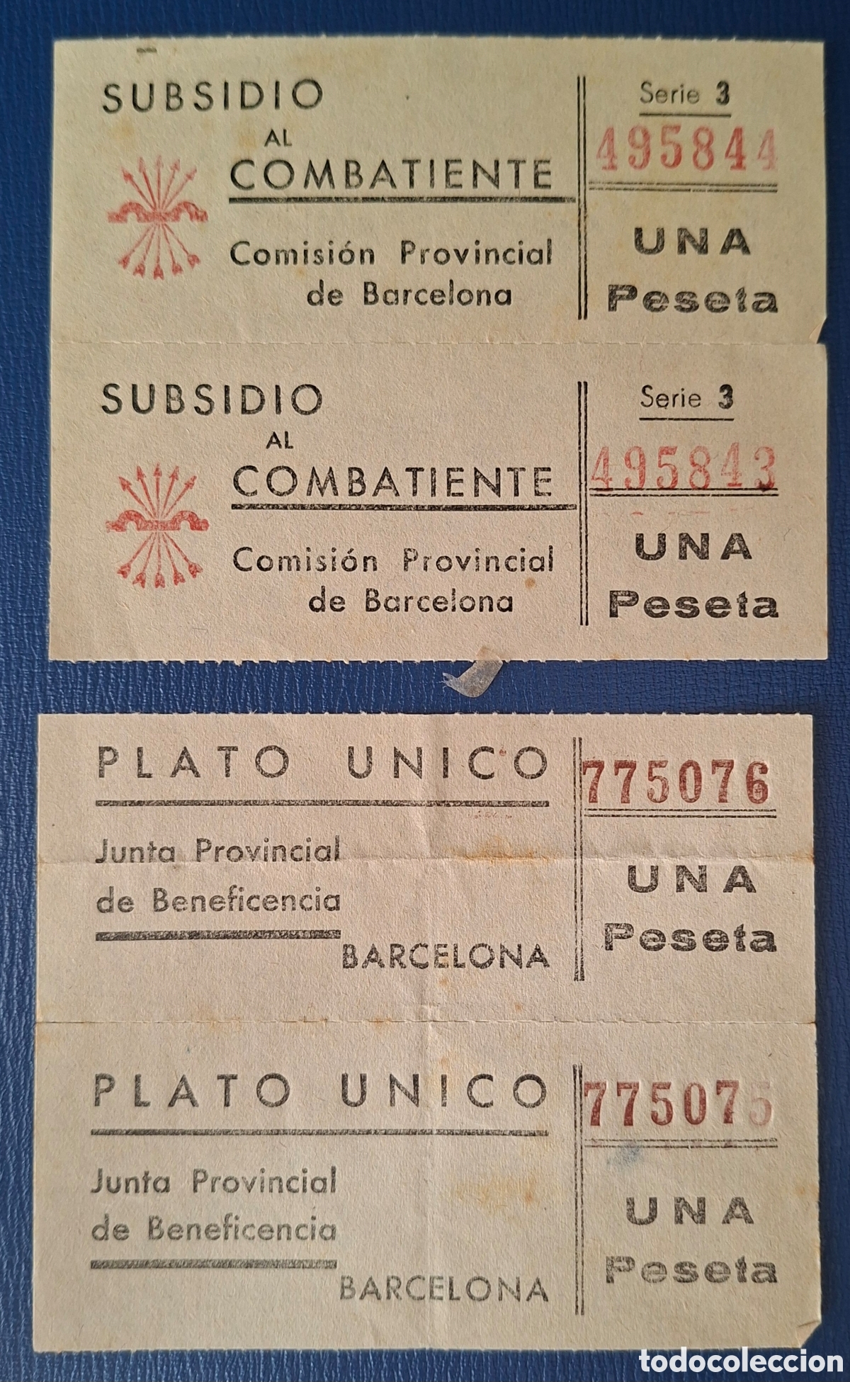 Sellos: Barcelona 4 tiques Subsidio al Combatiente y plato unico parejas 1 pta