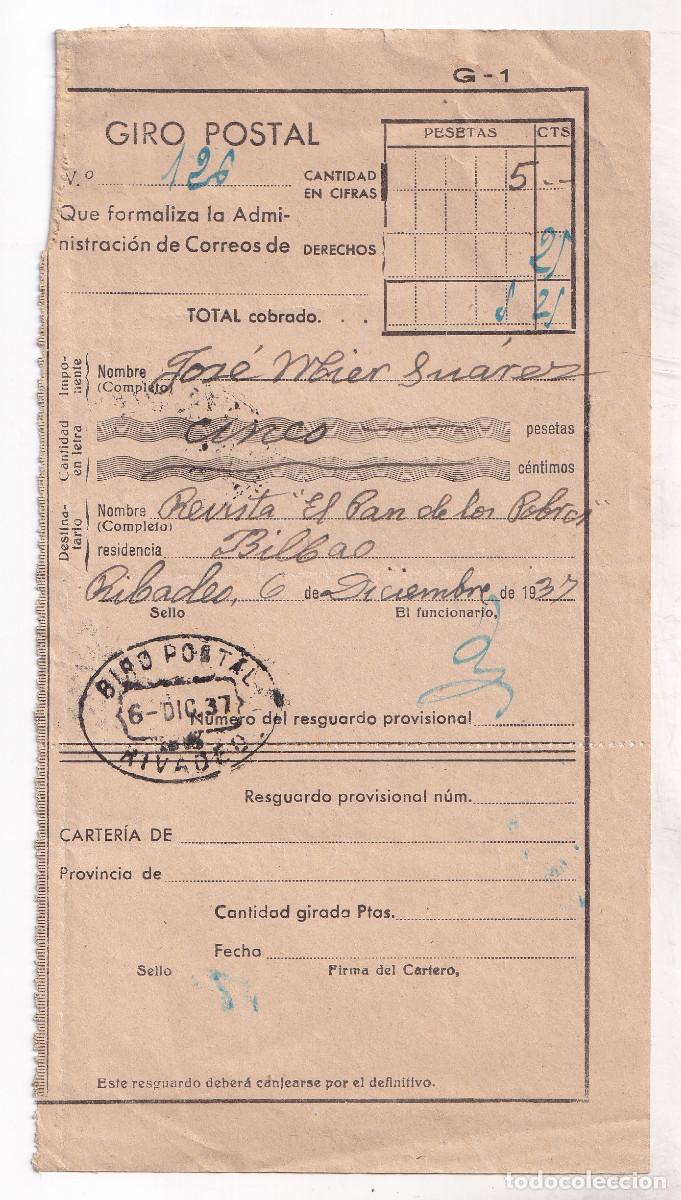 Sellos: RESGUARDO DE GIRO POSTAL. RIBADEO. LUGO. GALICIA. 1937