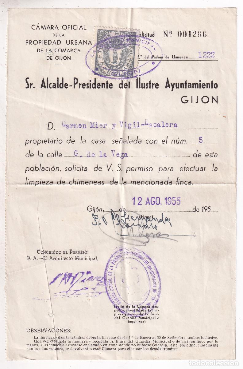Sellos: SOLICITUD CON RARO SELLO LOCAL MUNICIPAL. GIJ&Oacute;N. ASTURIAS. ASTURIAS. DE 5 PESETAS