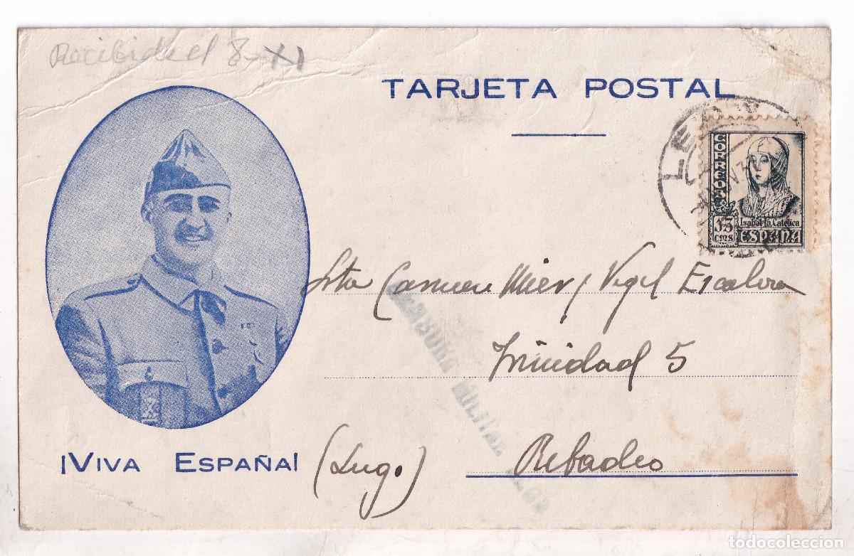 Sellos: TARJETA PATRI&Oacute;TICA. LE&Oacute;N A RIBADEO. LUGO. 1937. CENSURA MILITAR