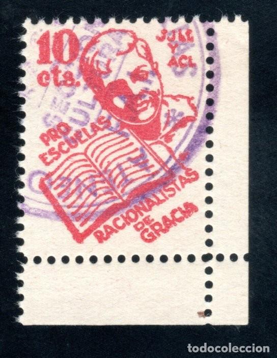 Sellos: BARCELONA. PRO ESCUELAS RACIONALISTAS DE GRACIA. JJLL Y ACL. 10 CTS. EXTREMADAMENTE RARO.
