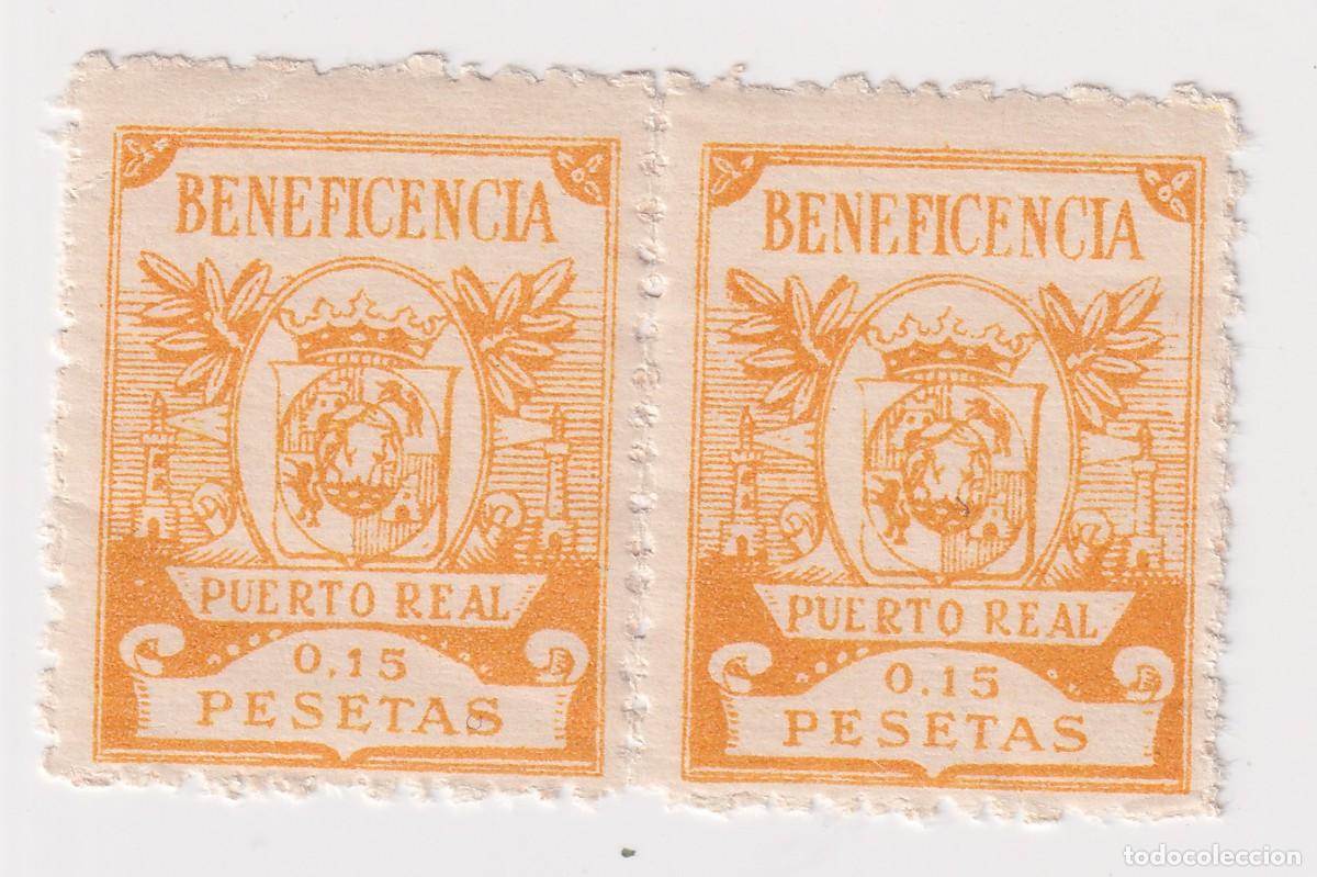 Sellos: PUERTO REAL - DOS SELLOS BENEFICENCIA - 0,15 PESETAS - NUEVOS CON GOMA