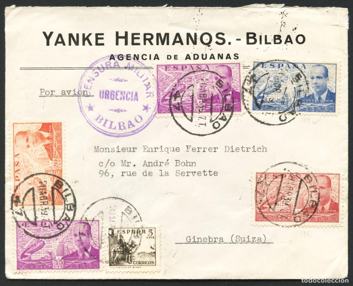 Sellos: GUERRA CIVIL, SOBRE, CORREO A&Eacute;REO, CIRCULADO ESPA&Ntilde;A A SUIZA, 1939, CENSURA URGENCIA
