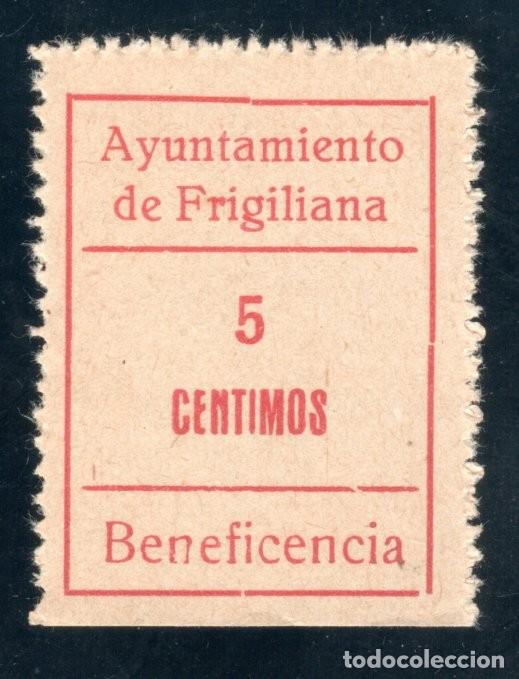 Sellos: FRIGILIANA (M&Aacute;LAGA). AYUNTAMIENTO. BENEFICENCIA. 5 C&Eacute;NTIMOS.