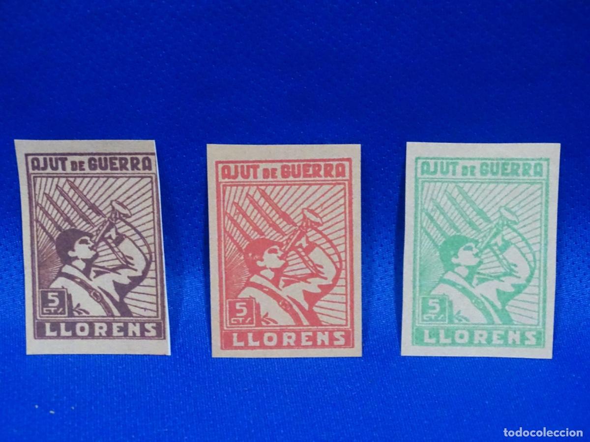 Sellos: AJUT DE GUERRA. LLORENS. 5 CENTIMOS. MARR&Oacute;N ROJO Y VERDE.