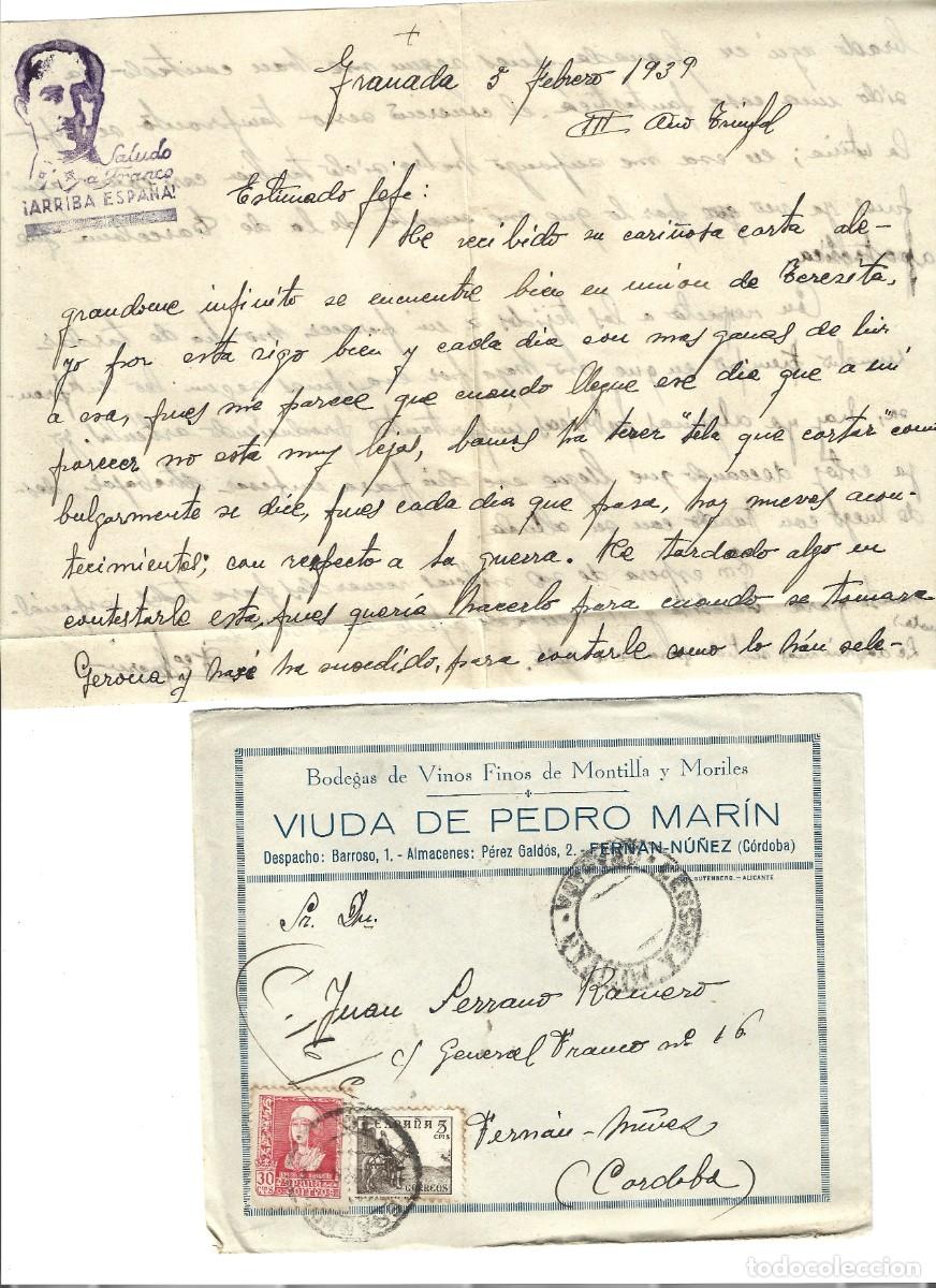 Sellos: 1937 carta guerra civil. Granada a Fern&aacute;n N&iacute;&ntilde;ez - C&oacute;rdoba. Incluye escito