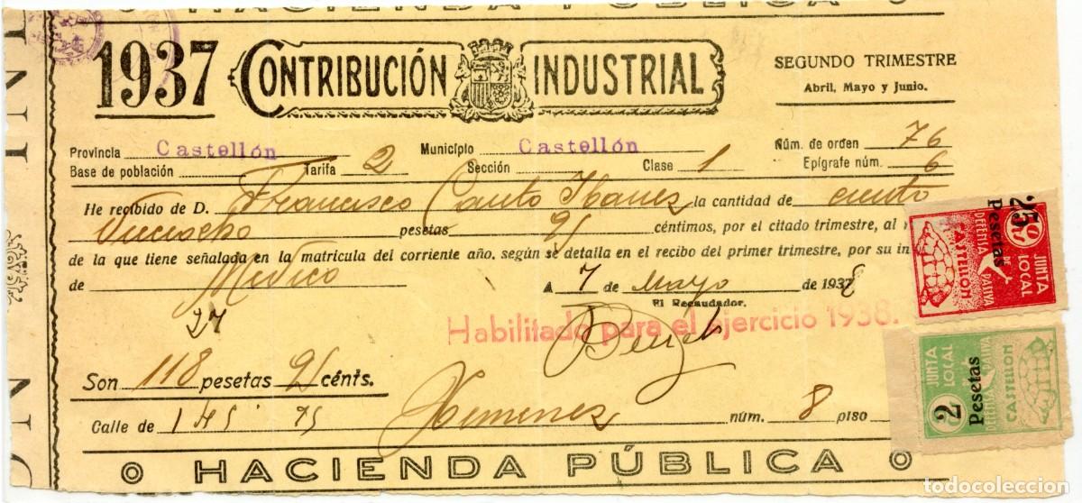 Sellos: 2 SELLOS LOCALES REPUBLICANOS RAROS DE CASTELL&Oacute;N EN RECIBO CONTRIBUCI&Oacute;N 1938. EDIFIL N&ordm; 39 y 43