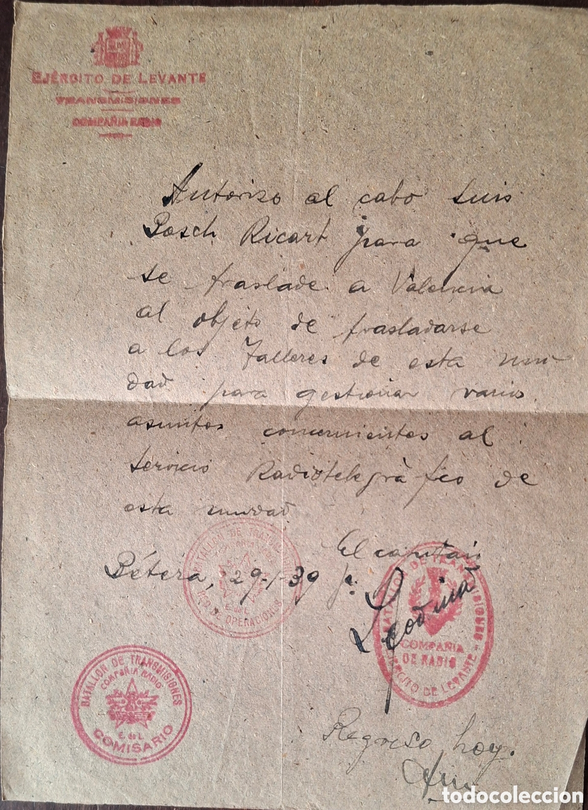 Sellos: Guerra civil salvoconducto Ej&eacute;rcito de Levante Batallon de Transmiciones 1939