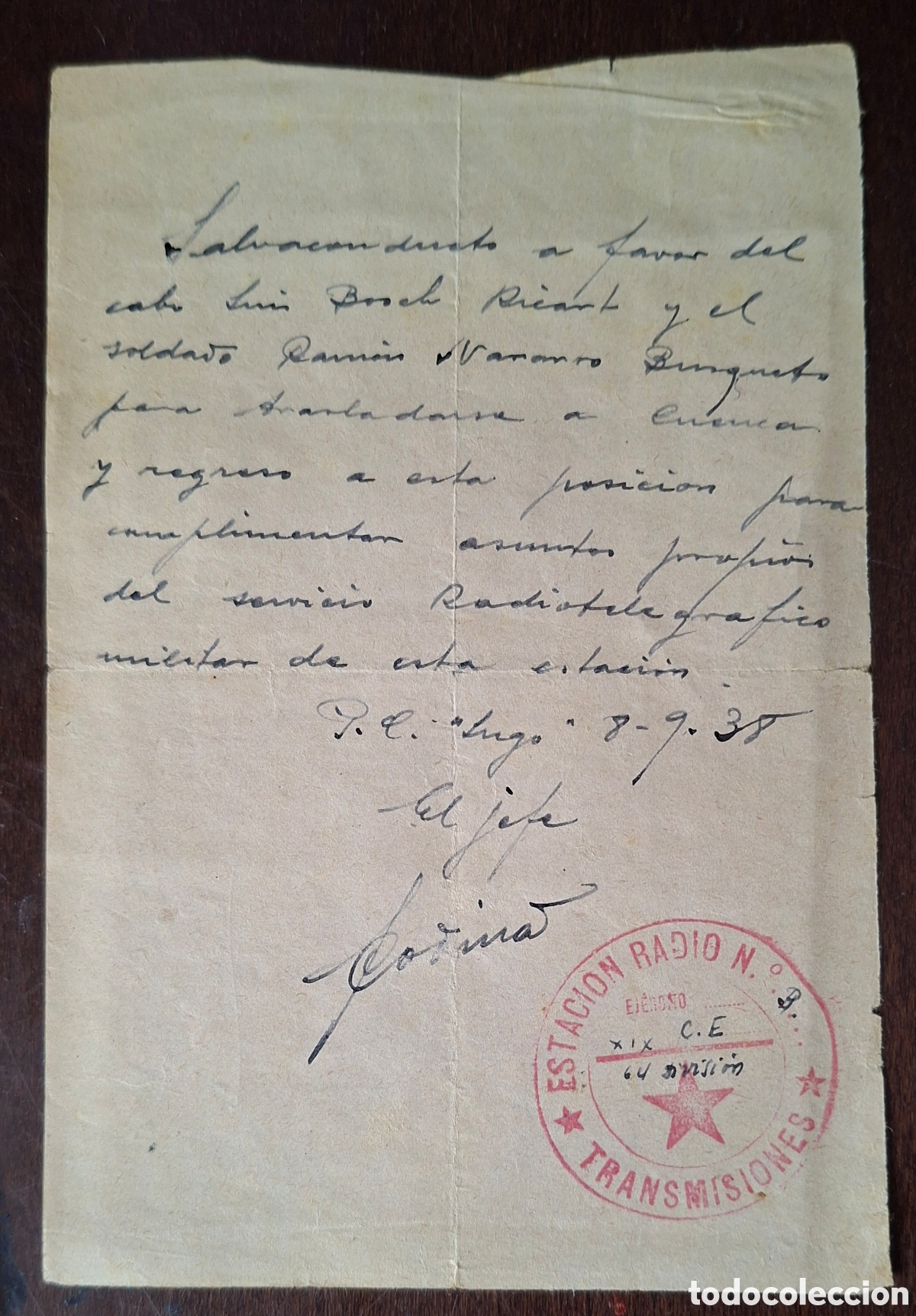 Sellos: Guerra civil Salvoconducto Batallon de Transmiciones Estacion Radio 1938
