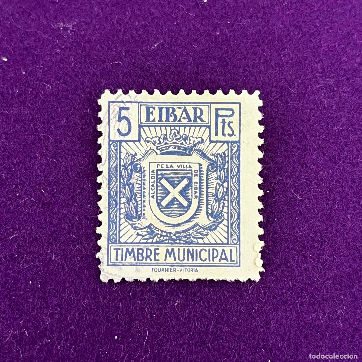 Sellos: VI&Ntilde;ETA. FISCAL. TIMBRE AYUNTAMIENTO DE EIBAR (GUIPUZCOA). 5 PESETAS. FOURNIER VITORIA.
