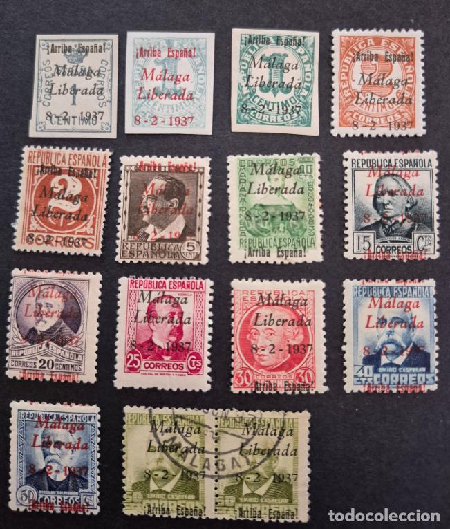 Sellos: Espa&ntilde;a 1937 - Emisiones locales patri&oacute;ticas, M&aacute;laga, valores varios con variedades en sobrecarga.