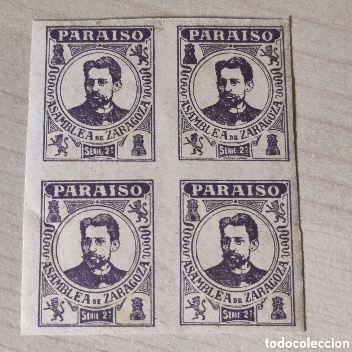 Sellos: x08 RARO Arag&oacute;n Asamblea de Zaragoza Paraiso serie SIN DENTAR...LILA