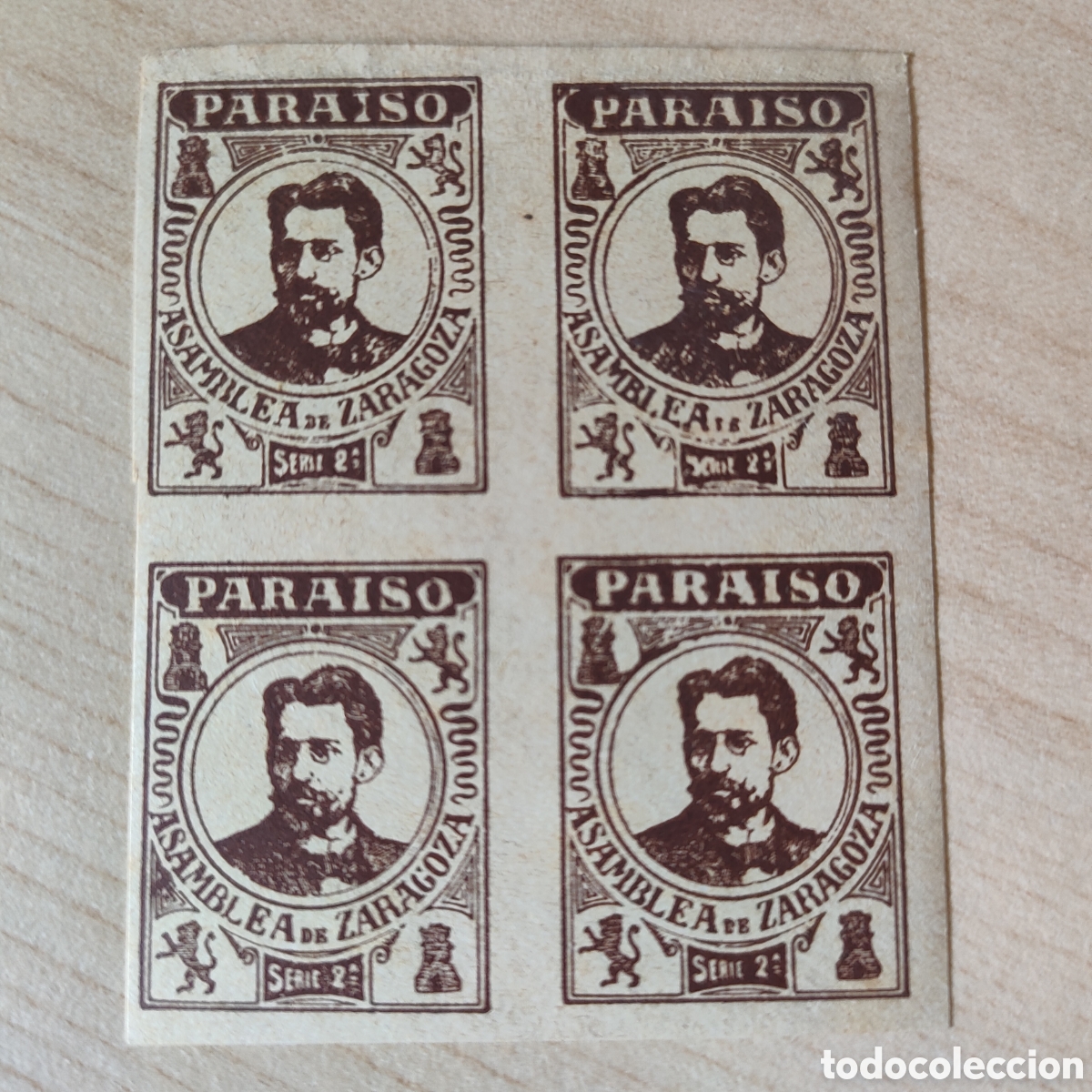 Sellos: x08 RARO Arag&oacute;n Asamblea de Zaragoza Paraiso serie SIN DENTAR...Casta&ntilde;o
