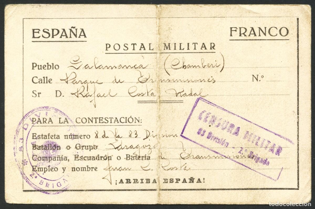 Sellos: GUERRA CIVIL, POSTAL MILITAR, 83 DIVISI&Oacute;N, 2&ordm; BRIGADA, FRENTE DE CASTELL&Oacute;N, 1938