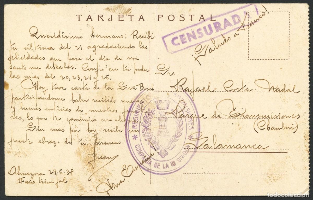 Sellos: GUERRA CIVIL, TARJETA POSTAL, REGIMIENTO TRANSMISIONES, ALMAZORA, 1938